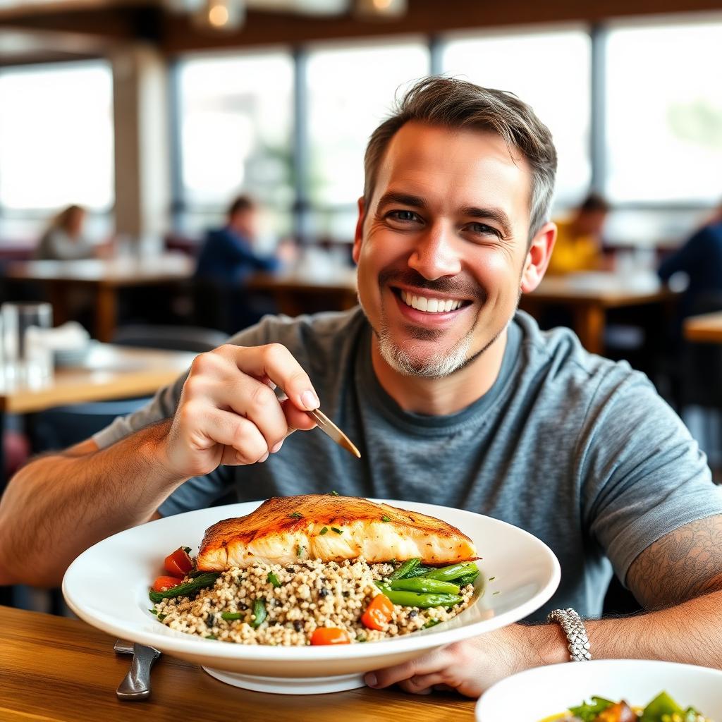Homem satisfeito comendo almoço saudável